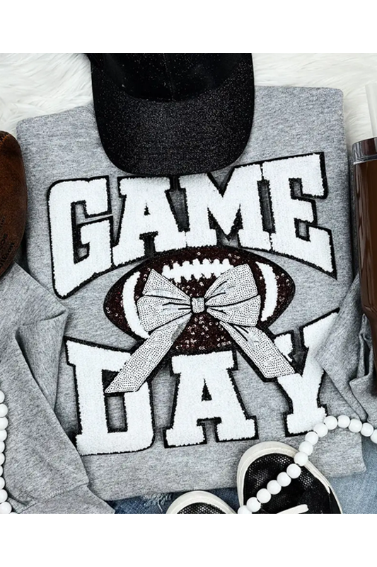 Sequins Bow Game Day Chenille Crew Neck